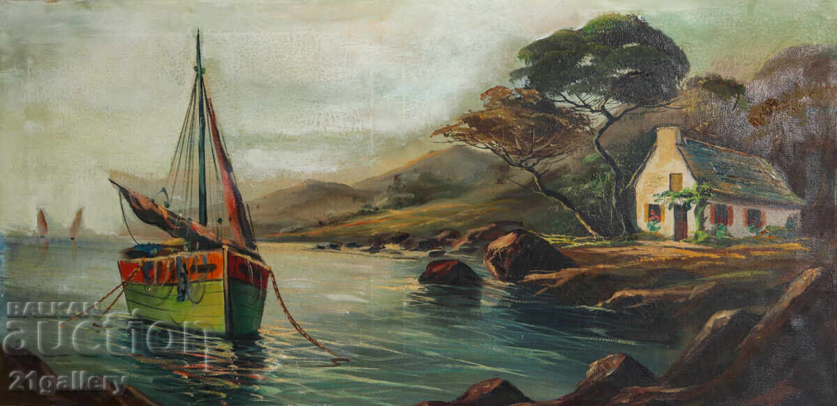 Δημοπρασία Παλιός ελαιογραφία Γαλλία παραθαλάσσιος όρμος