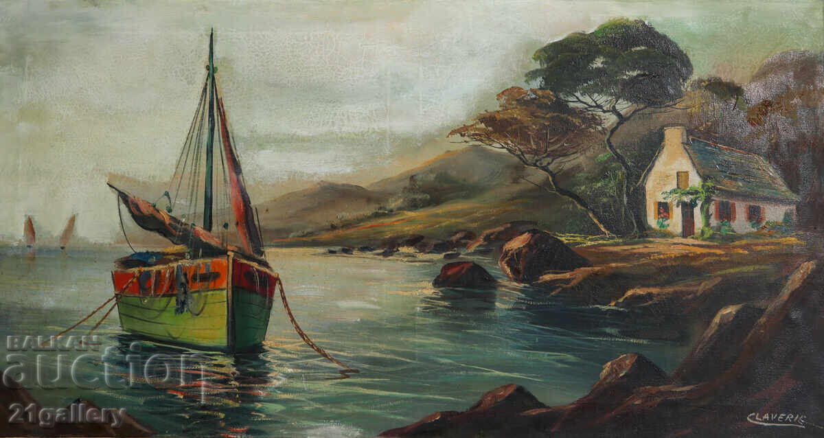 Παλιός ελαιογραφία Γαλλία παραθαλάσσιος όρμος