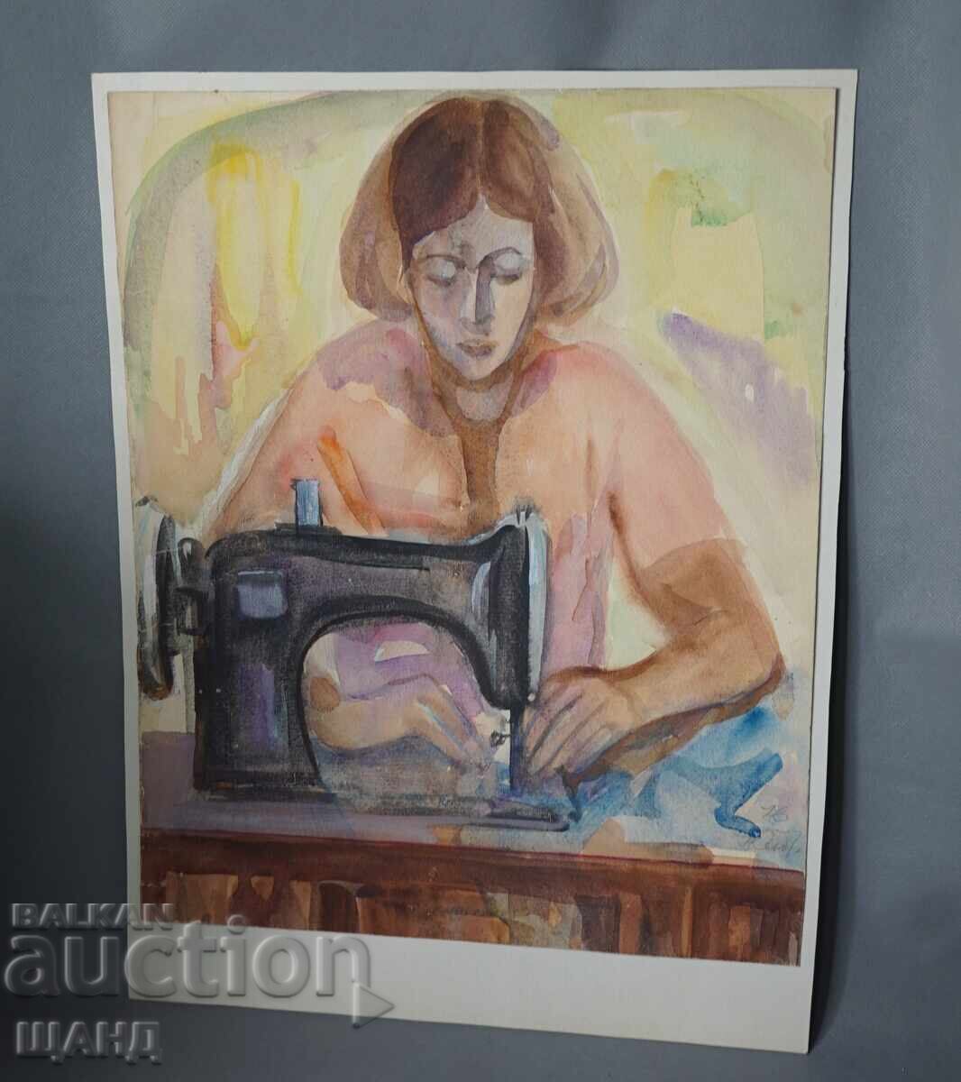 Desen vechi de maestru, pictură acuarelă, femeie coase la mașină