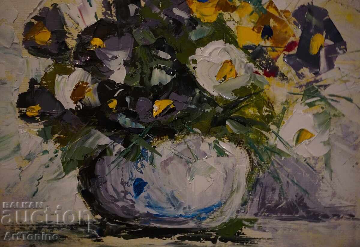 Ελαιογραφία - Νεκρή φύση - Ανθοδέσμη σε βάζο - Α. Ιορδάνωφ - 6