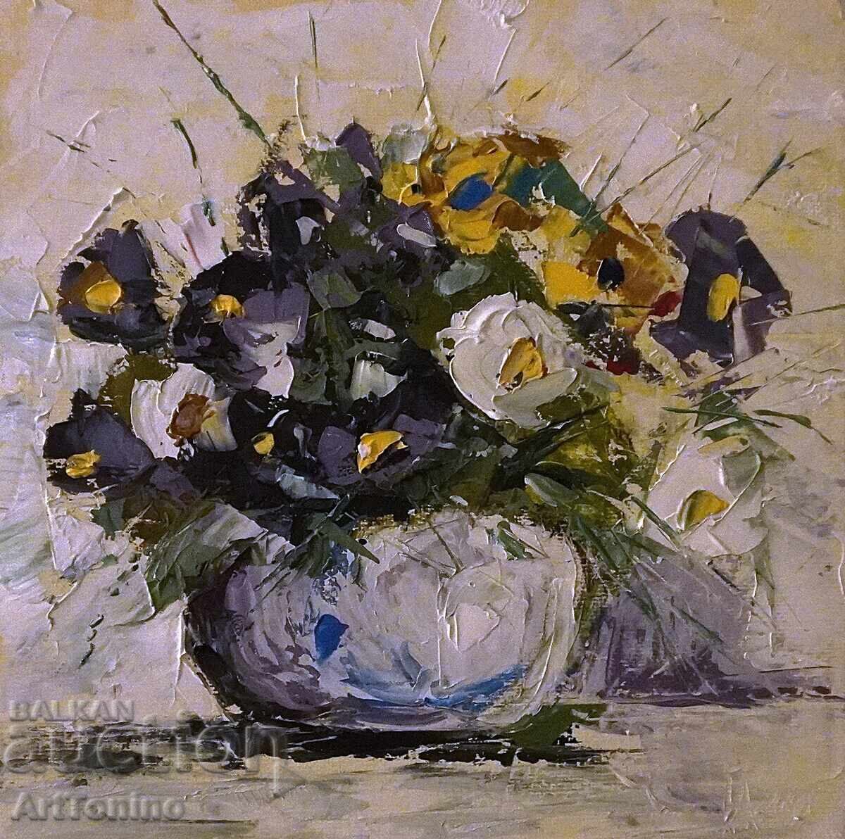 Ελαιογραφία - Νεκρή φύση - Ανθοδέσμη σε βάζο - Α. Ιορδάνωφ