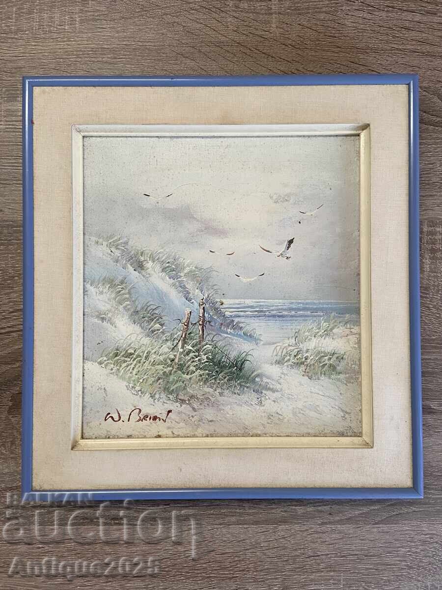 Vintage seascape painting "Dunes by the Sea", with artist's signature