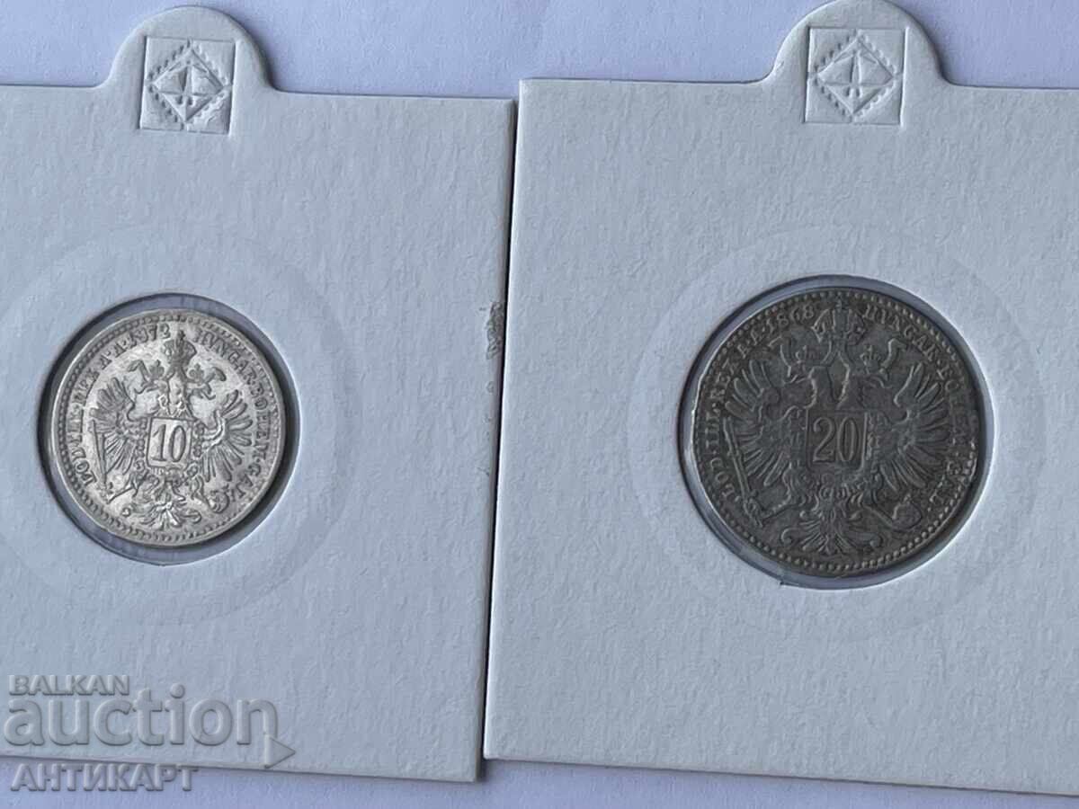 2 monede rare de argint Austria 10 și 20 creițari 1872,1868 2 monede rare de argint Austria 10 și 20 creițari 1872,1868