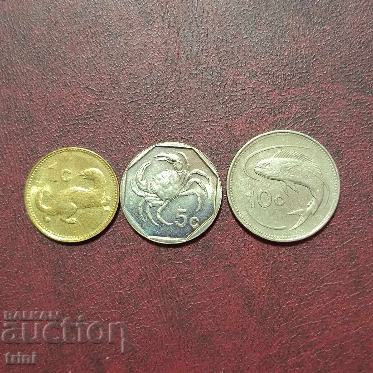 Malta 1, 5, and 10 cents 1991 and 1986 Malta 1, 5, and 10 cents 1991 and 1986