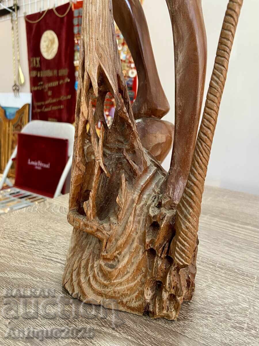Vintage carved teak wood sculpture — fisherman with net - 5