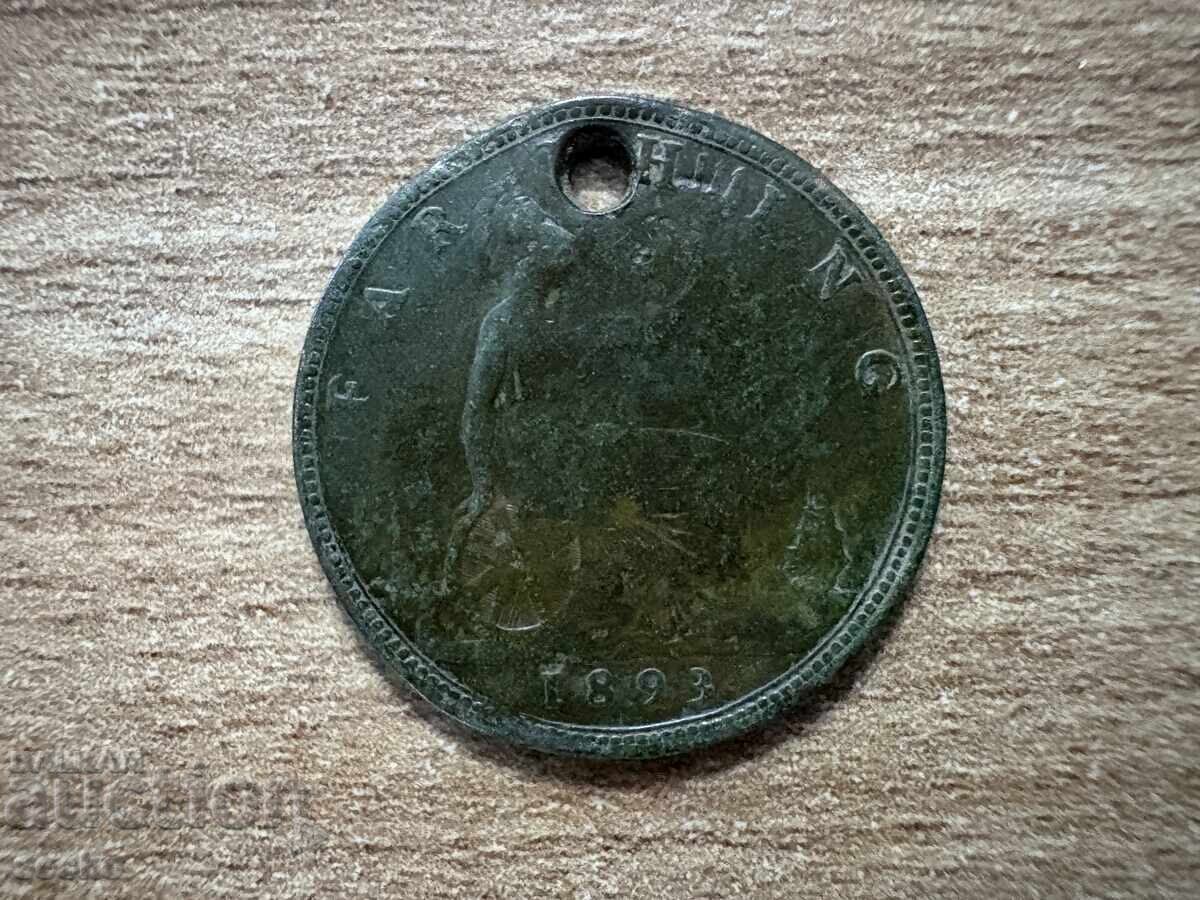 Marea Britanie - 1 farthing (1893) - cu gaură Marea Britanie - 1 farthing (1893) - cu gaură