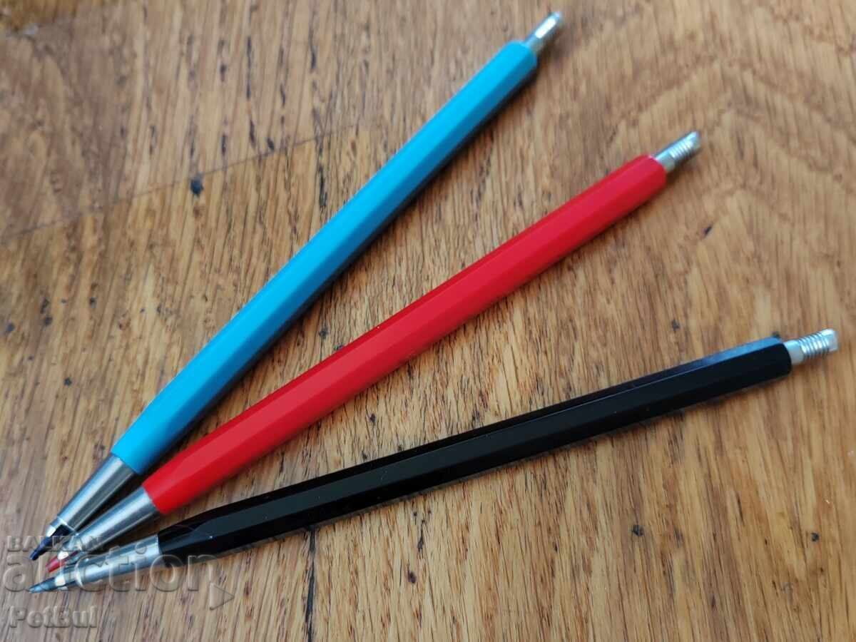 Trei Creioane Colorate Rusești Vechi, Mecanism Creion, Suport Grafit