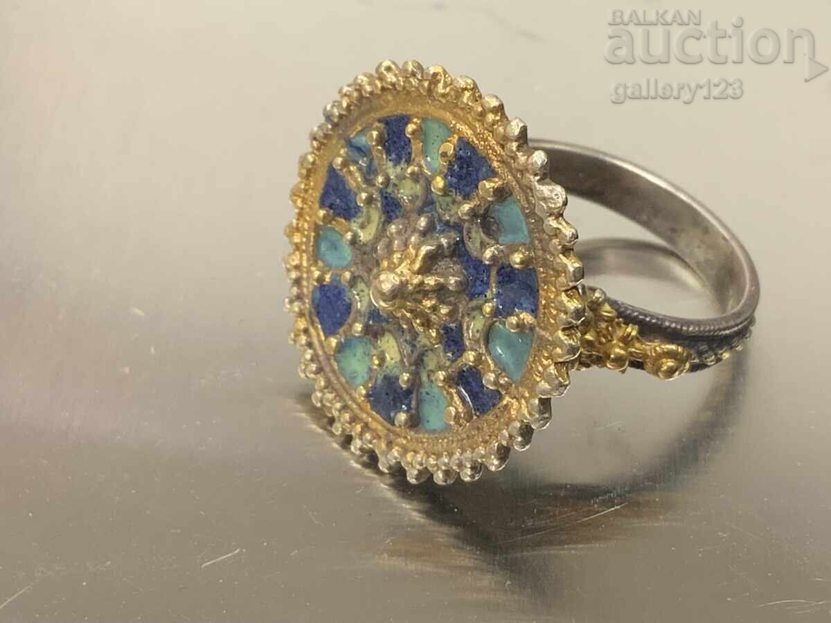 Silver ring, champlevé enamel, gilt