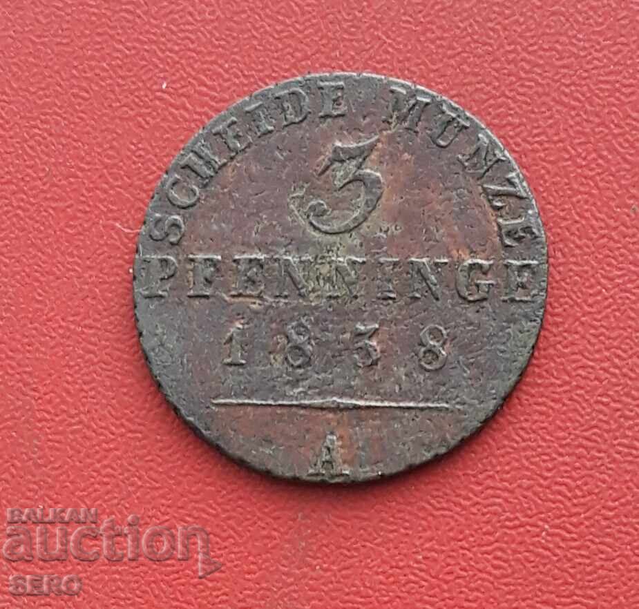 Germany-Prussia-3 Pfennig 1838 A-Berlin-Rare Year