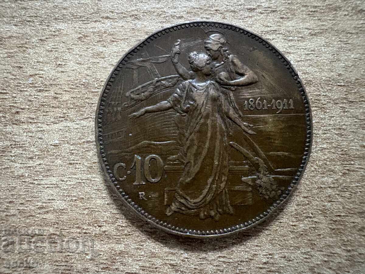 Италия - 10 чентезими (1911) - 50г. Кралство Италия - 10 чентезими (1911) - 50г. Кралство