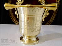 Χάλκινο γουδί με γουδοχέρι 620 γρ., χαραγμένο, σφραγίδα