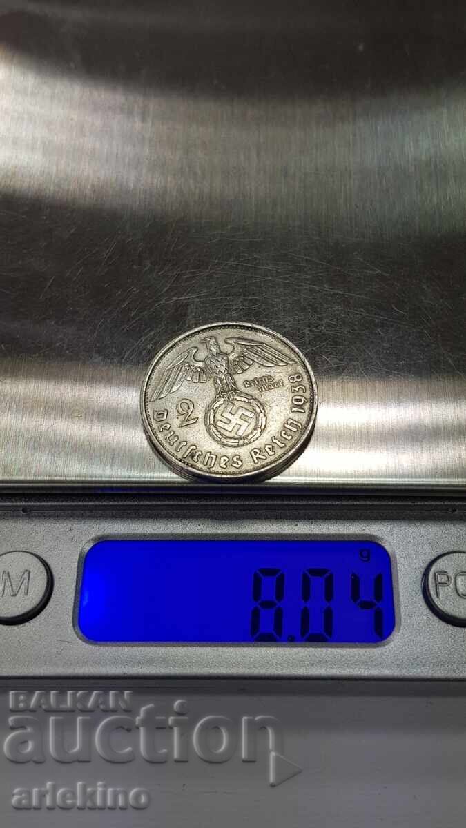 Колекционна сребърна монета 2 марки 1938 Германия - 6 Колекционна сребърна монета 2 марки 1938 Германия - 6