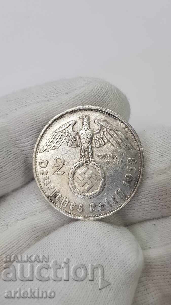 Колекционна сребърна монета 2 марки 1938 Германия Колекционна сребърна монета 2 марки 1938 Германия