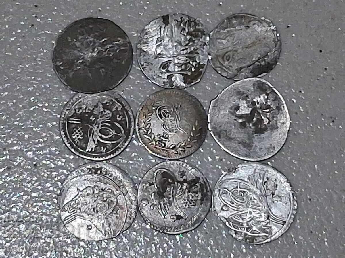 Silver Ottoman Akce Coins, 9 pcs, no holes, silver