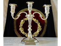 Посребрен свещник тройка,троен свещник от мед.