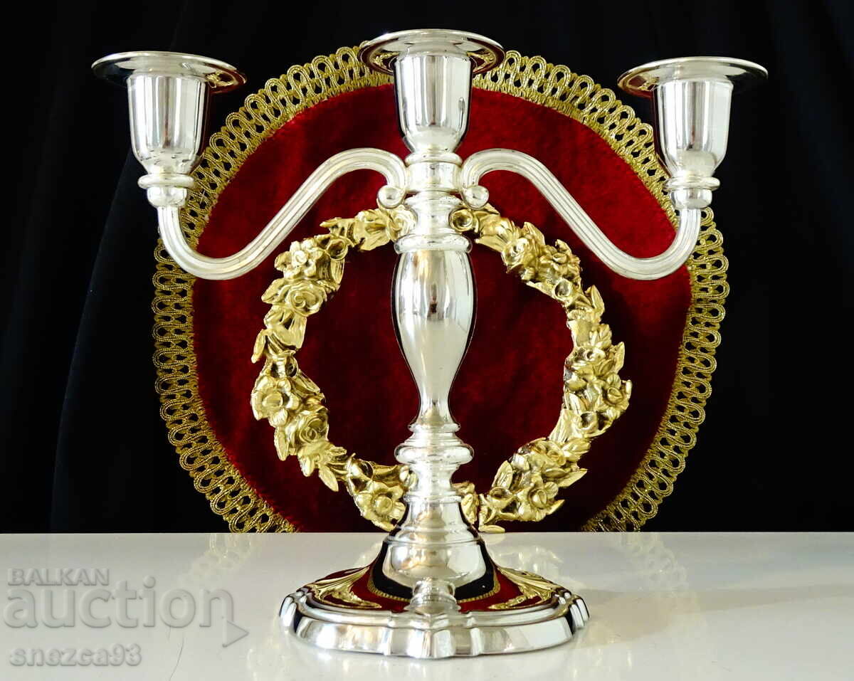 Silver-plated triple candlestick, Victorian triple candlestick