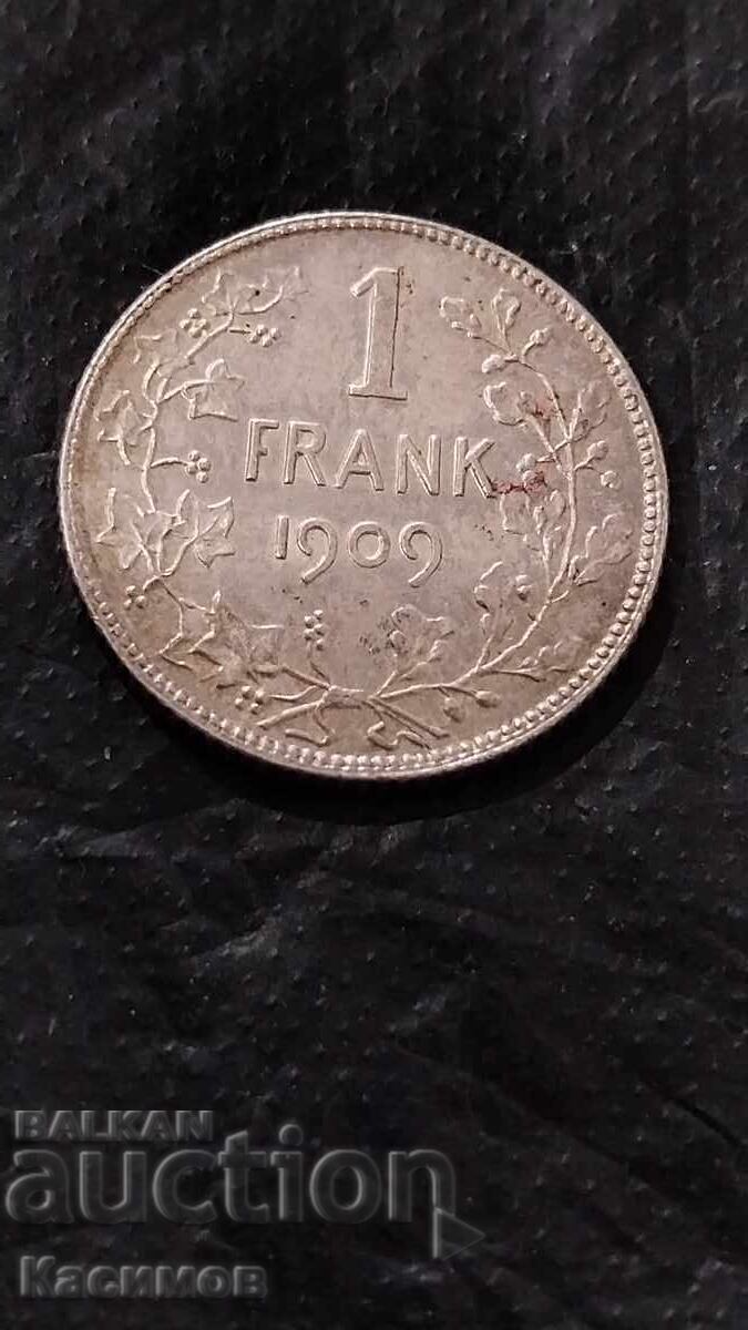Рядка сребърна монета от Белгия 1 Франк 1909 година