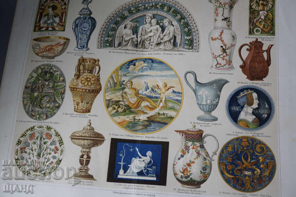 1900 Литография керамика съдове ваза,чиния,кана с цена € 5.11 | 9.99 лв. 1900 Литография керамика съдове ваза,чиния,кана с цена € 5.11 | 9.99 лв.