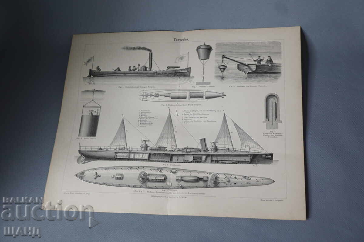 1900 Λιθογραφία θωρηκτού πλοίου με τορπίλη