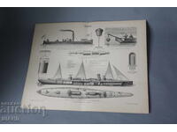 1900 Litografie navă de război cu torpile