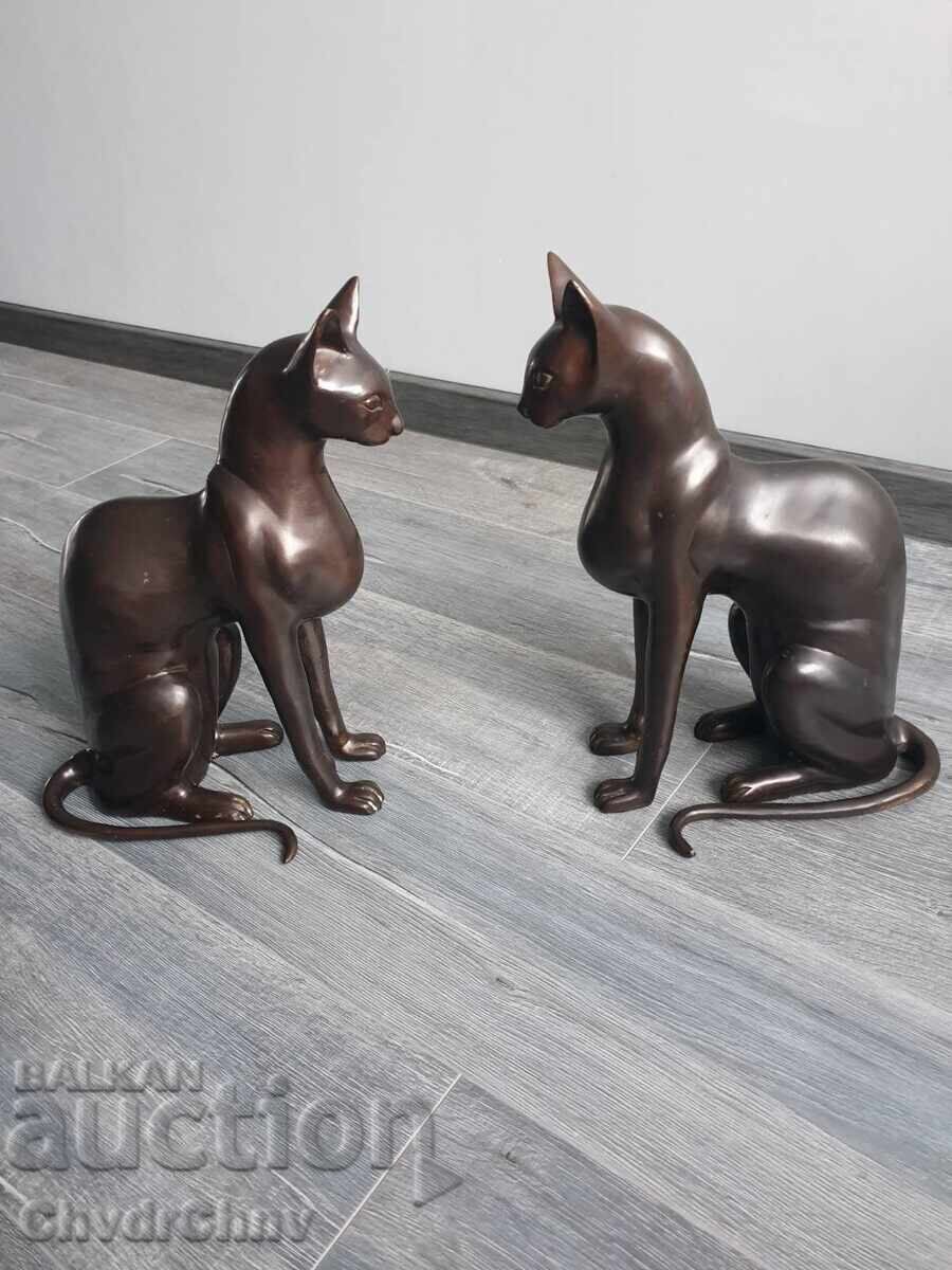38sm-10kg Risner statuete/2 figurine de bronz pisici egiptene