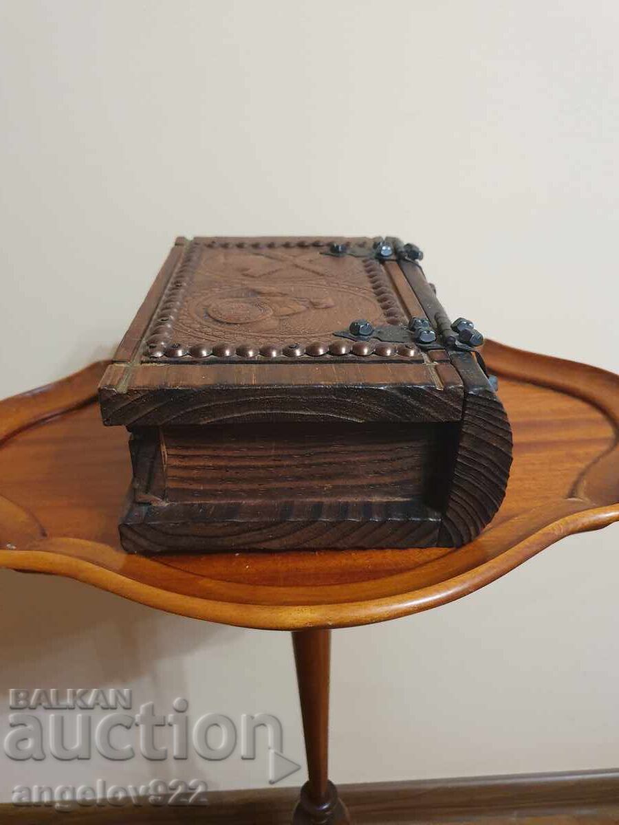 Винтидж дървена кутия за бижута с щампована естествена кожа! - 6