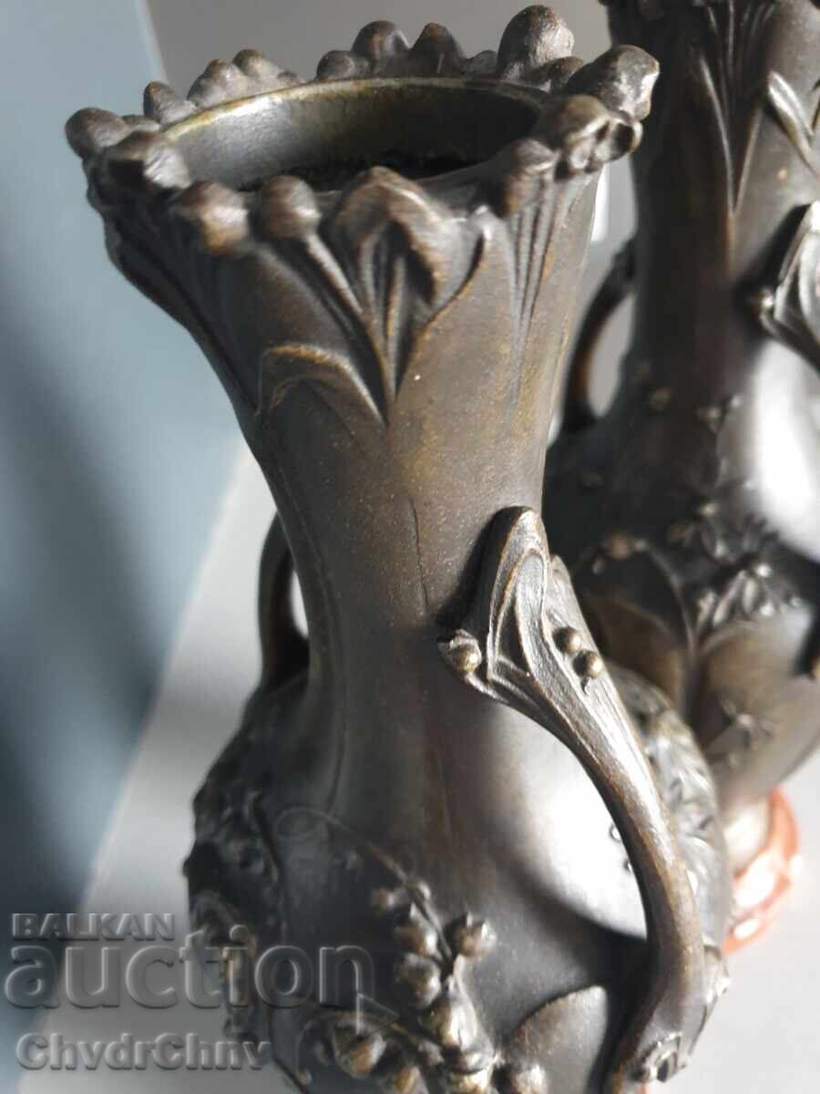 Licitație 32cm pereche de vaze cu piedestal figurativ/ZAM-marmură