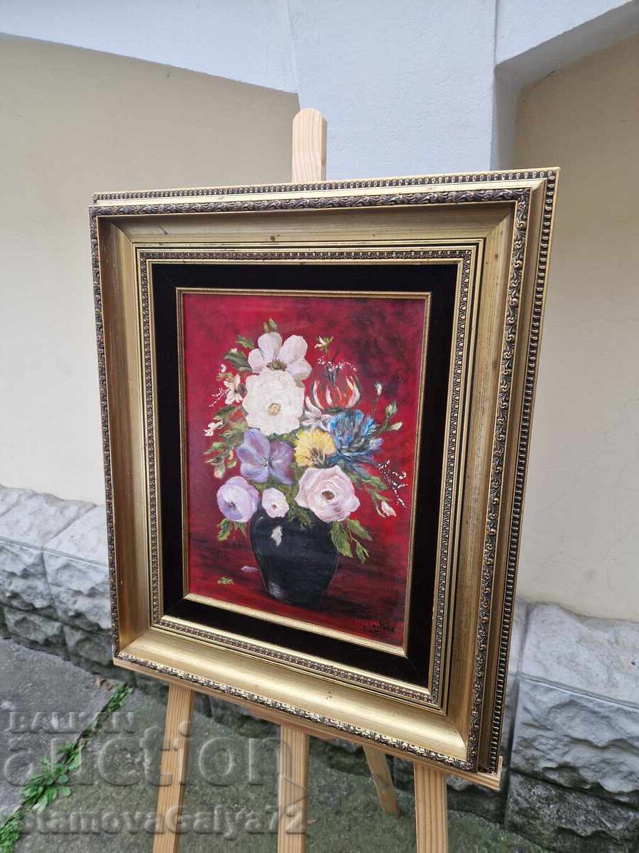 Прекрасна антикварна майсторска картина натюрморт масло плат - 5