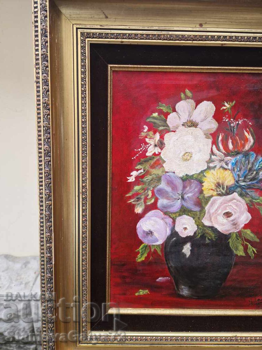 Прекрасна антикварна майсторска картина натюрморт масло плат - 7
