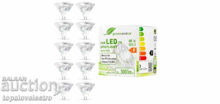 Becuri LED GU5.3 3W, MR16, alb cald, 38° 12V, 10 buc Becuri LED GU5.3 3W, MR16, alb cald, 38° 12V, 10 buc