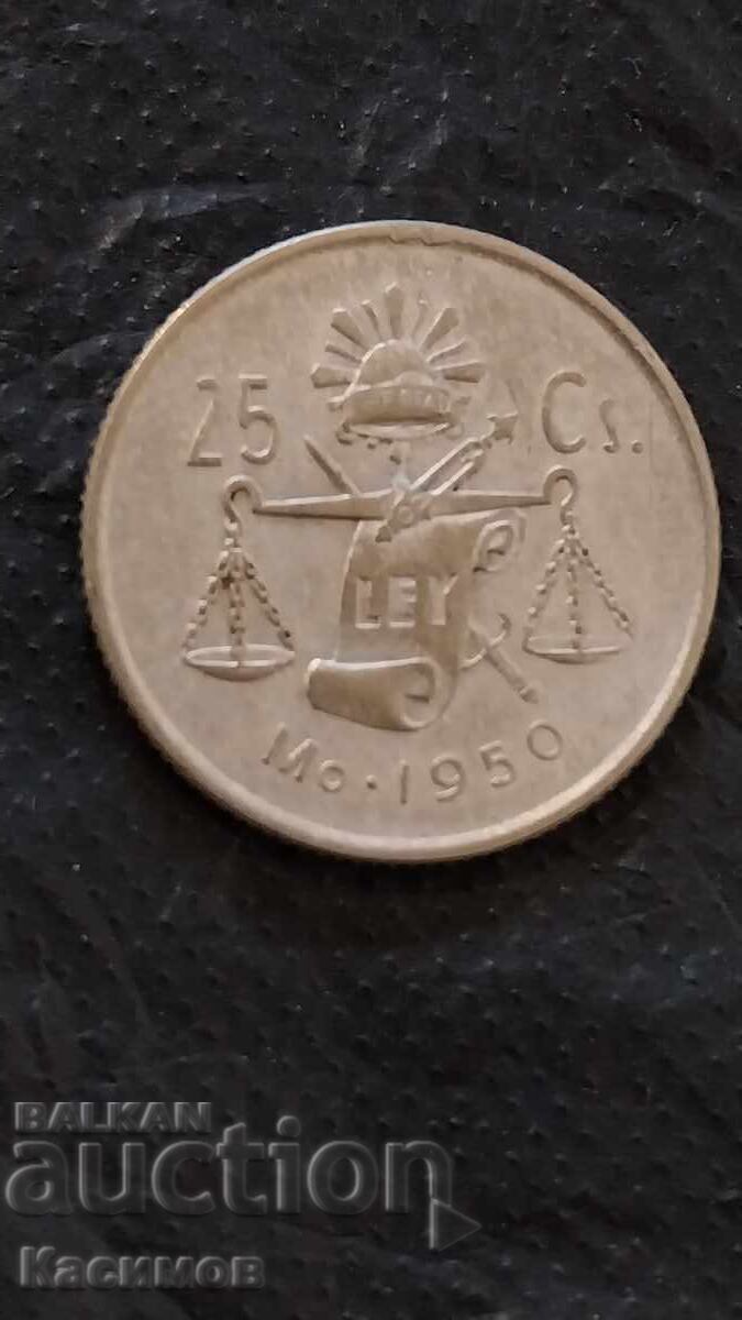 Monedă veche de argint din Mexic 25 Centavos 1950