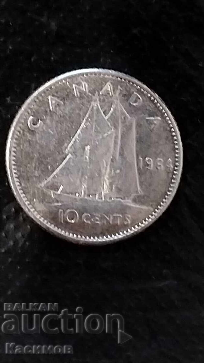 Monedă veche de argint din Canada 10 Cenți 1964