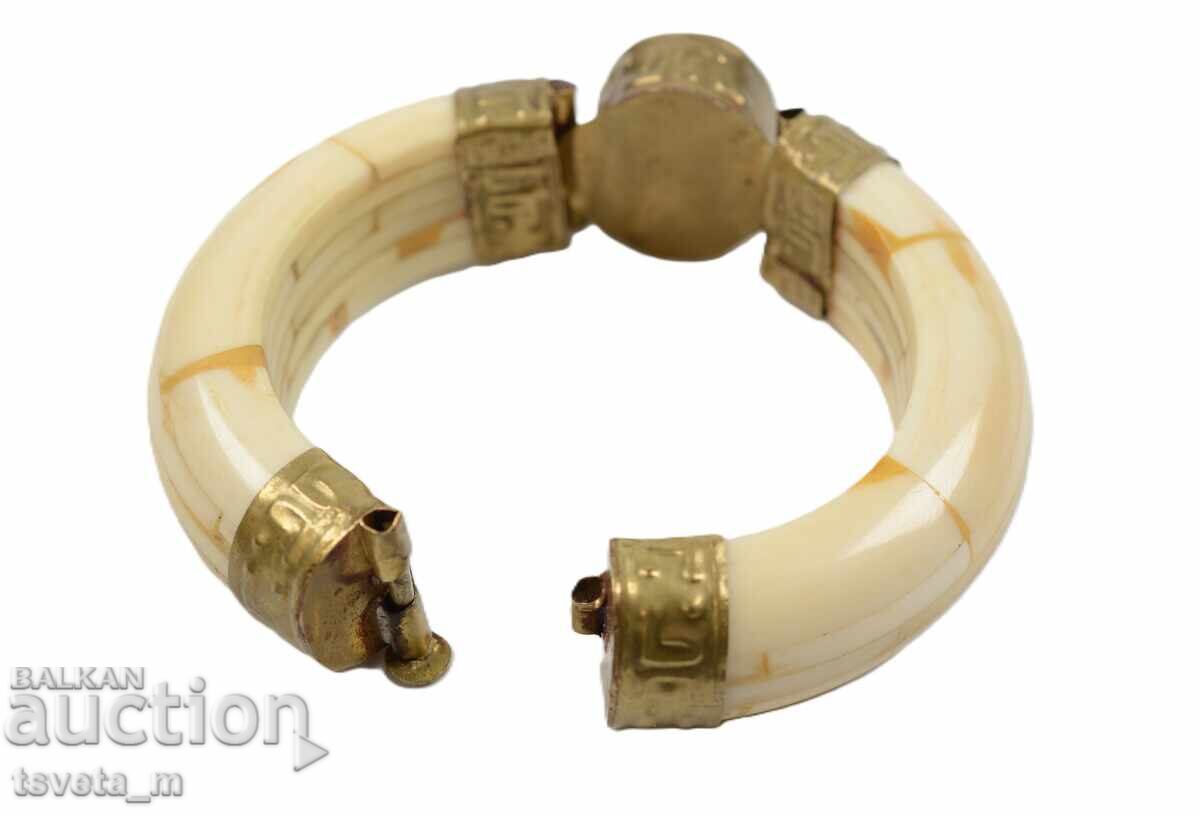 Antique bone bracelet with brass elements and a stone - 5 Antique bone bracelet with brass elements and a stone - 5