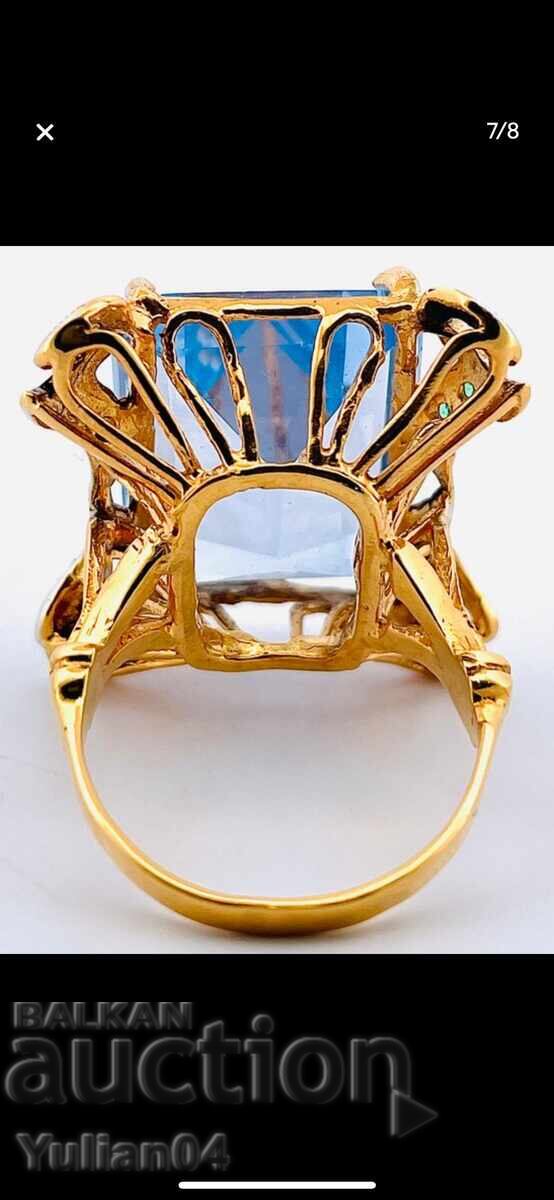 Доставка на Античен арт деко пръстен 9К злато с аквамарин ~15 ct и изумр Доставка на Античен арт деко пръстен 9К злато с аквамарин ~15 ct и изумр