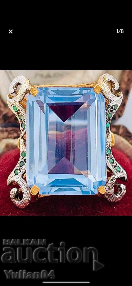 Античен арт деко пръстен 9К злато с аквамарин ~15 ct и изумр Античен арт деко пръстен 9К злато с аквамарин ~15 ct и изумр