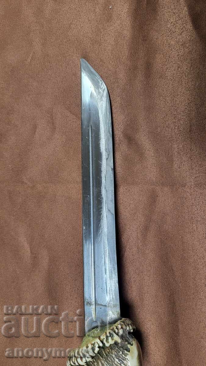 Cuțit mare masiv de vânătoare, teacă, alamă și corn, mâner - 5