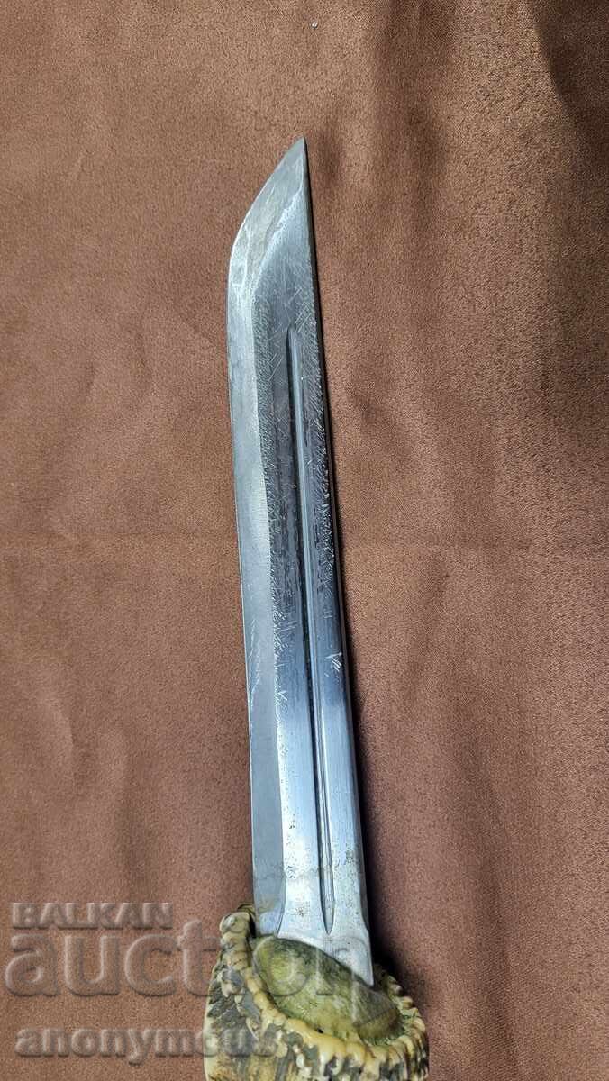 Cuțit mare masiv de vânătoare, teacă, alamă și corn, mâner - 6