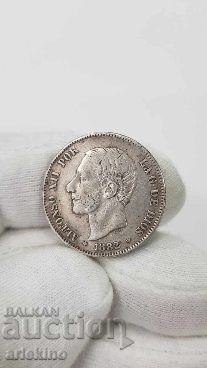 Monedă rară de argint 2 pesete 1882 Spania - 5 Monedă rară de argint 2 pesete 1882 Spania - 5