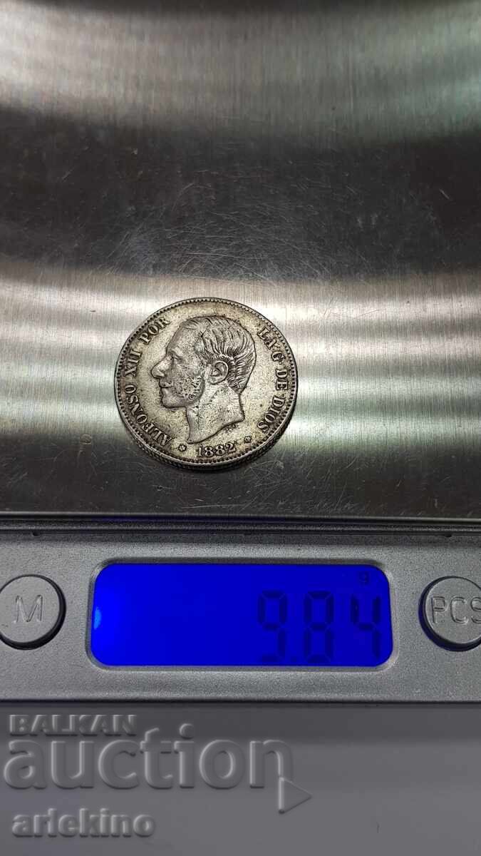 Monedă rară de argint 2 pesete 1882 Spania - 6 Monedă rară de argint 2 pesete 1882 Spania - 6