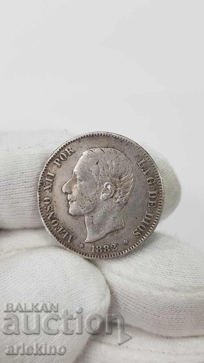 Monedă rară de argint 2 pesete 1882 Spania - 7 Monedă rară de argint 2 pesete 1882 Spania - 7