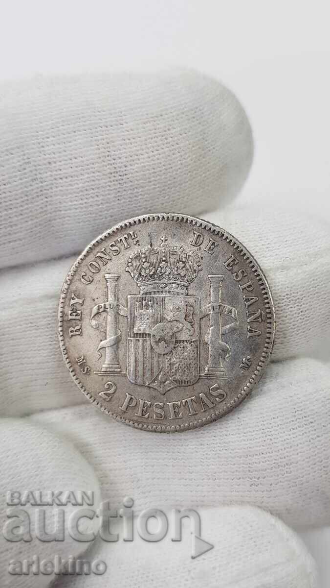 Monedă rară de argint 2 pesete 1882 Spania Monedă rară de argint 2 pesete 1882 Spania