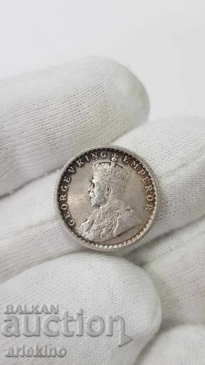 Rare Silver Coin 1/4 Rupee India Great Britain 1919 - 6 Rare Silver Coin 1/4 Rupee India Great Britain 1919 - 6