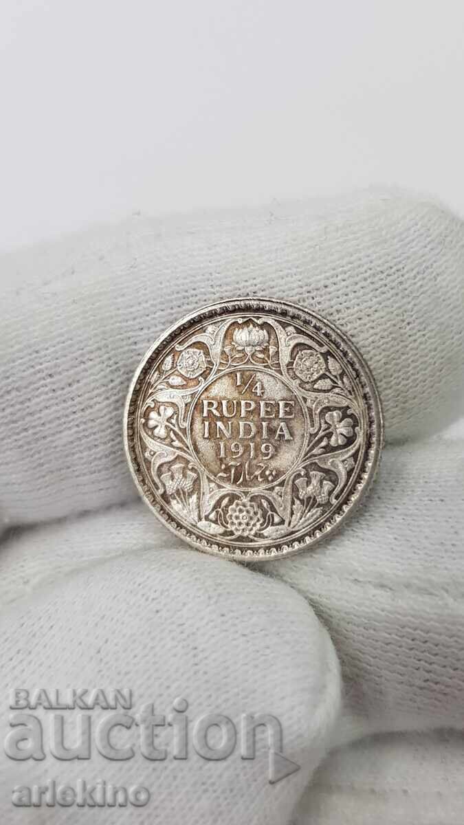 Rare Silver Coin 1/4 Rupee India Great Britain 1919 Rare Silver Coin 1/4 Rupee India Great Britain 1919