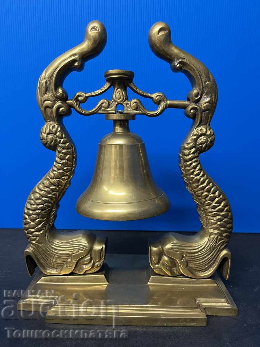 Стара,бронзова,морска камбана с два делфина