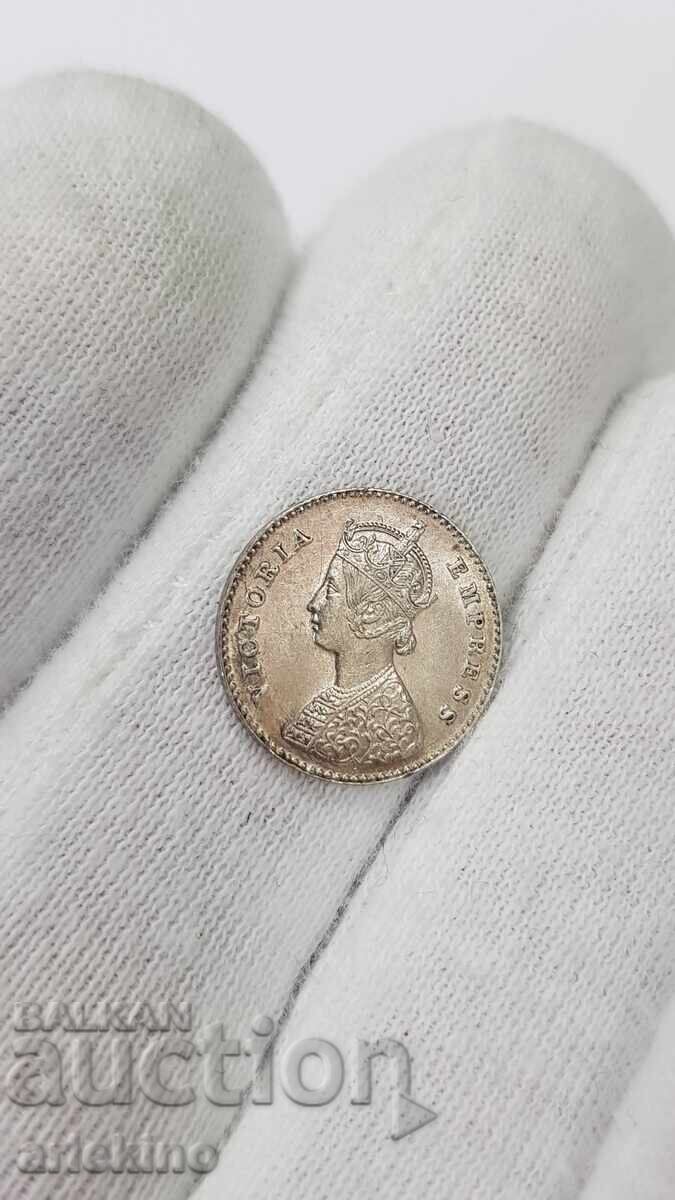 Monedă rară de argint 2 ANNAS India, Marea Britanie 1877 - 5