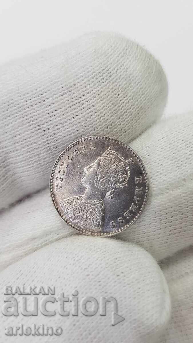 Monedă rară de argint 2 ANNAS India, Marea Britanie 1877 - 6