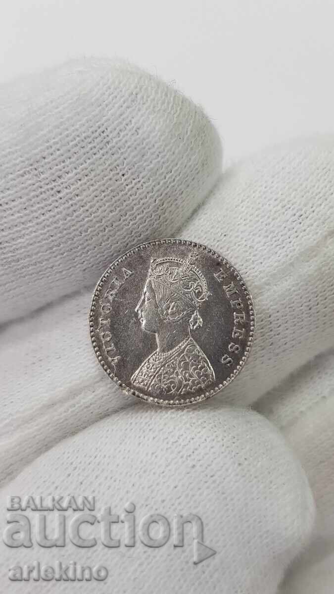 Monedă rară de argint 2 ANNAS India, Marea Britanie 1877