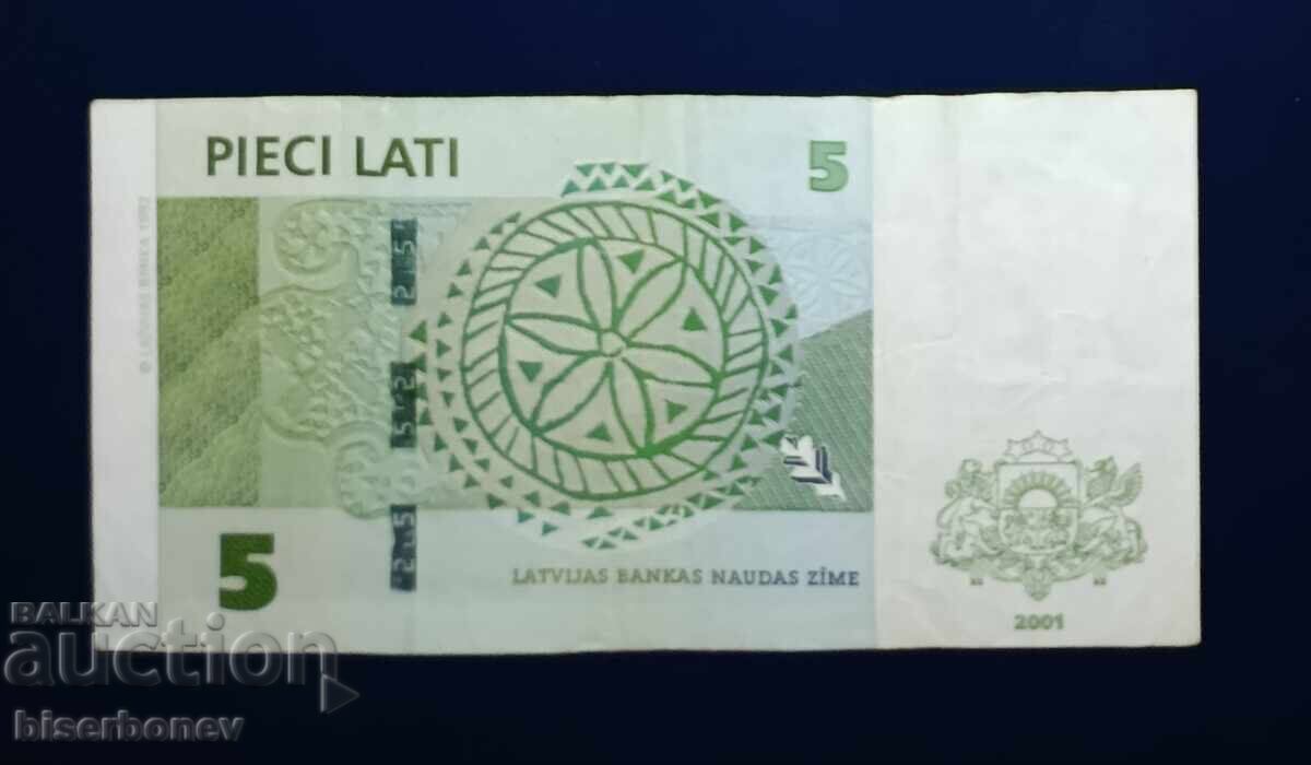 Letonia, 5 Lati 2001, VF cu preț € 17.00 | 33.25 BGN