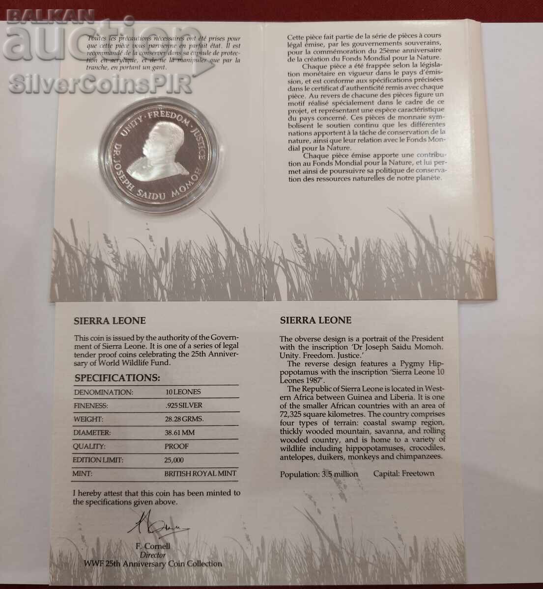 Доставка на Сребро 10 Леони Хипопотам 1987 Сиера Л. Застрашени Животни Доставка на Сребро 10 Леони Хипопотам 1987 Сиера Л. Застрашени Животни