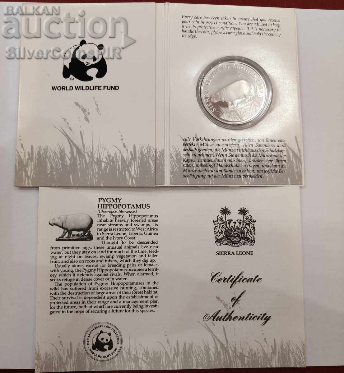 Сребро 10 Леони Хипопотам 1987 Сиера Л. Застрашени Животни - 5 Сребро 10 Леони Хипопотам 1987 Сиера Л. Застрашени Животни - 5